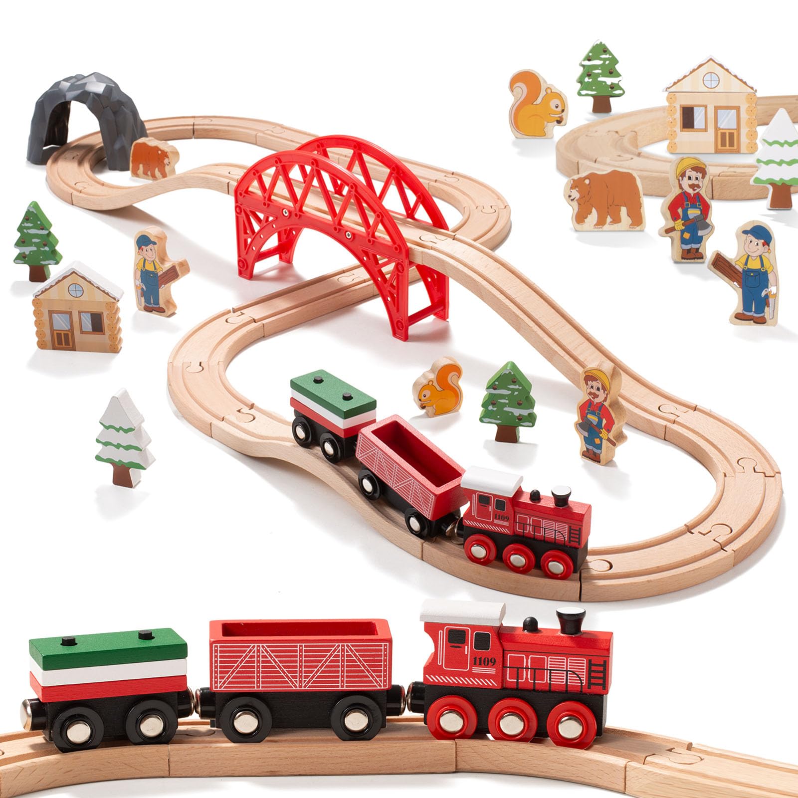 Giant bean Forest Theme Wooden Train Set for Toddler- 36PCS Expandable & Changeable Wooden Train Tracks Toy, for Kids Boys and Girls 3-7