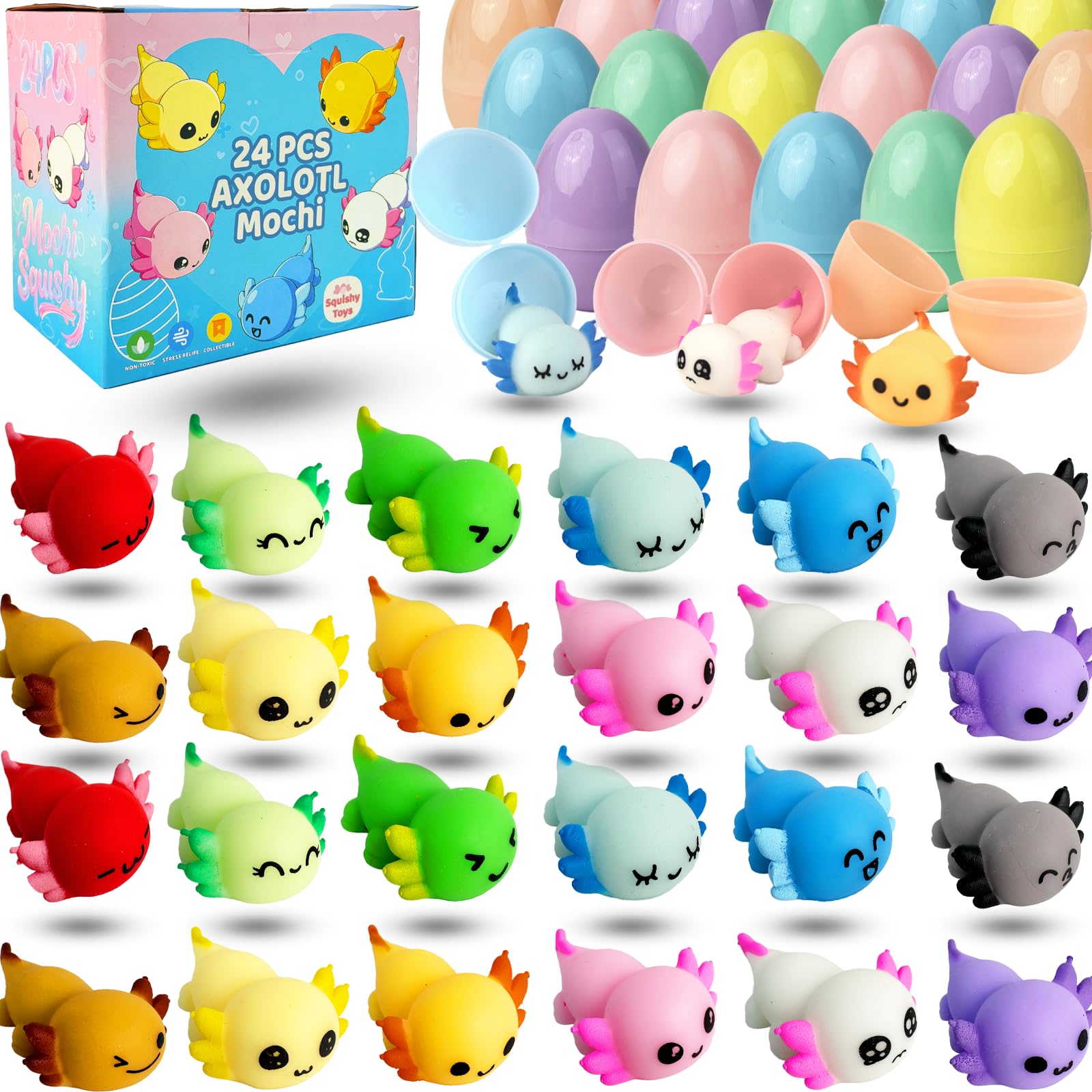 24 Pack Prefilled Easter Eggs with Axolotl Mochi Squishy Toys, Easter Basket Stuffers, Easter Eggs Filled Mini Squishy Toy, Party Favors for Kids, Easters Gifts, Classroom Exchange