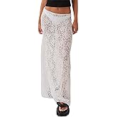 LTZYLS Lace Maxi Skirt for Women See Through Sexy Boho Summer Skirt Flowy Long Transparent White Skirt for Beach Vacation