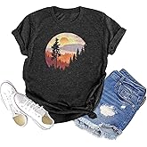 GEMLON Sunset Pine Tree Tshirt Women Camping Tshirt Retro Sun Print Graphic Tee Casual Short Sleeve Top