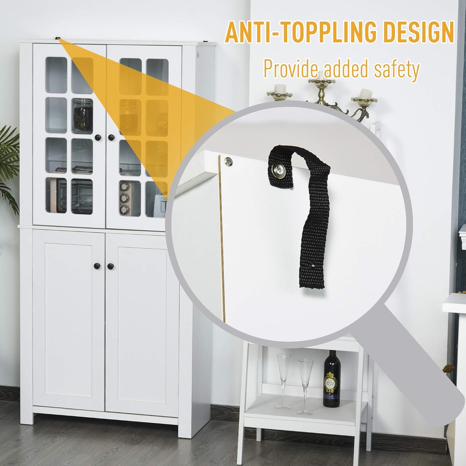 HOMCOM Contemporary Kitchen Pantry Freestanding Storage Cabinet Cupboard with Framed Glass Doors and Shelves, White: Furniture & Decor