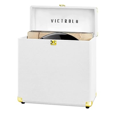 Victrola Collector – Record Storage Case – Holds 30+ Vinyl Turntable Records, Heavy-Duty Hardware, Hinges, & Smart Metal Corners, Portable with Easy-Carry Handle (White)