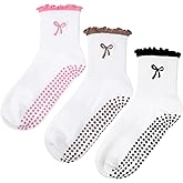 Jeyiour 3 Pairs Cute Grip Pilates Socks Non Slip Women Valentines Pilates Yoga Gift Socks Ruffle Bow Sock