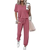 MASCOMODA Womens 2 Piece Outfits Summer Casual V Neck Short Sleeve Tops Long Pants Tracksuit Lounge Jogger Set with Pockets
