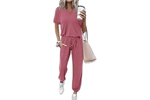 MASCOMODA Womens 2 Piece Outfits Summer Casual V Neck Short Sleeve Tops Long Pants Tracksuit Lounge Jogger Set with Pockets