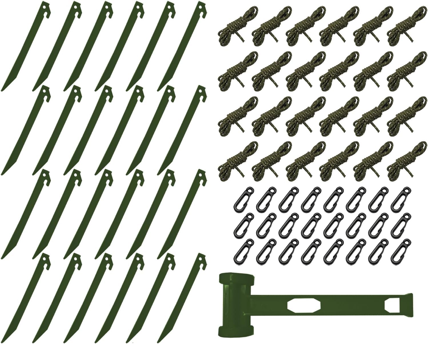 Young Wolf 24-Pack Inflatable Stakes, Green Plastic Straight Anchor Stakes with Nylon Ropes and Buckles, Includes Hammer, for Outdoor Inflatables, Tents, Canopy