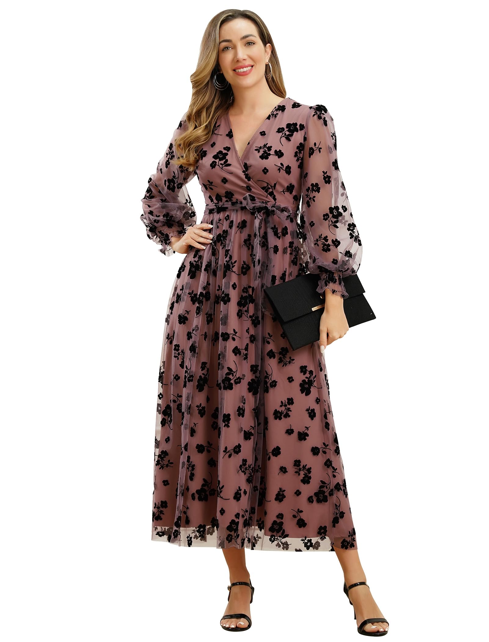 Long Lantern Sleeves Floral Embroidery Sash Belt Elegant Maxi Dress
