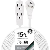 GE 3-Outlet Flat Extension Cord, 15 Ft Grounded Extension Cord | Multiple Outlets, 3 Prong Outlet Extender, Flat Plug, Power Strip, Indoor, 16 Gauge, UL Listed, White, 56986