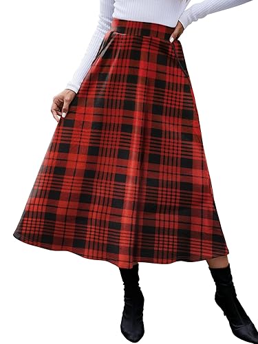 HUSKARY Women Winter Christmas Red Plaid Skirt Warm A-line Vintage