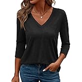 TICTICMIMI Women's V Neck 3/4 Sleeve Tops Casual Pullover T Shirts Summer Basic Loose Fit Tunic Shirts