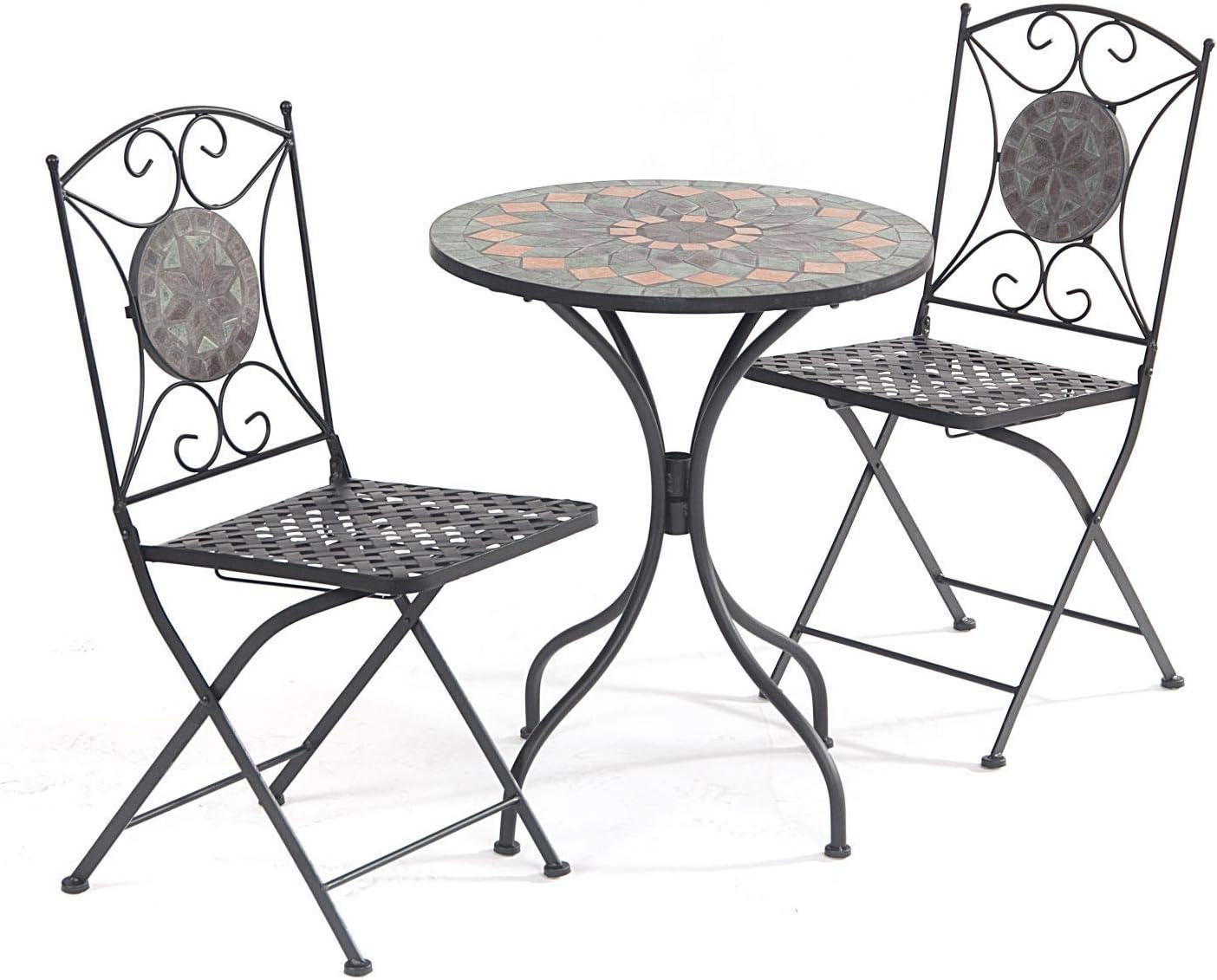 Parcel in the Attic Naples Mosaic Bistro Set - Table & 2 Folding Chairs - Cast Iron (ref. 949)