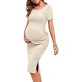 Ficerd Women's Ribbed Split Maternity Dresses Short Sleeve Ruched Pregnancy Bodycon Dress Knit Stretch Clothes Baby Shower