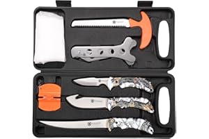 KNINE OUTDOORS Hunting Deer Knife Set Field Dressing Kit Portable Game Processor Set, Blue Handle, 8 Pieces