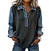 CBZDJX Women's Waffle Knit Top with Denim Collar Cuffs Button Front Long Sleeve Pullover Casual Office Outfits