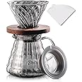 Bincoo Pour Over Coffee Maker Set with Dripper Size 02,600ml Glass Coffee Server Set,60 Angle Tapered Glass Coffee Dripper with Wood Stand Filter Paper for Home Office Gift(Grey)