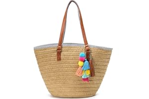 CAISSIP Straw Beach Bags Tote Tassels Bag Hobo Summer Handwoven Shoulder Bags Purse With Pom Poms