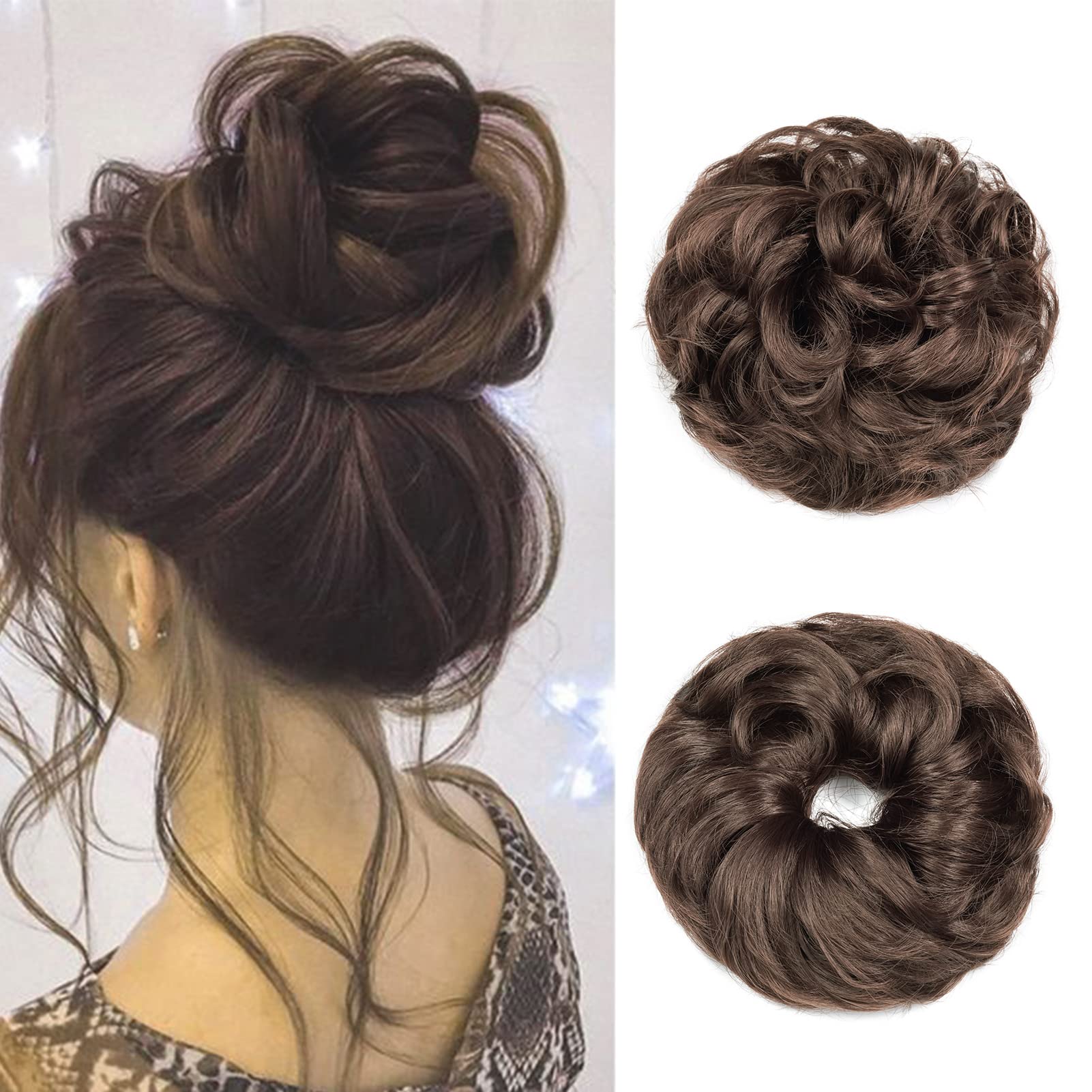Cybelleza Messy Bun Hair Piece Curly Hair Scrunchies Thick Messy Hair Bun Updo Hairpiece Synthetic Ribbon Ponytail Extensions Donut Chignons Wavy Wig for Women Girls, 35g Chestnut Brown