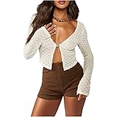 SOLY HUX Women's Deep V Neck Cropped Cardigan Y2k Swiss Dots Long Sleeve Sheer Going Out Outerwear