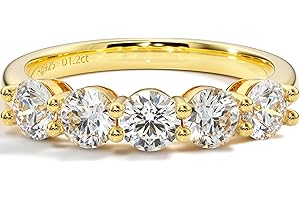 Blueeve 5 Stone Moissanite Rings for Women, 4MM Round D Color VVS1 Clarity Lab Created Diamond Rings 14K Yellow White Gold Vermeil Moissanite Women's Wedding Bands