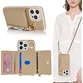 SunYoo for iPhone 14 Pro Case with Card Holder,for iPhone 14 Pro Wallet Case for Women with Strap Crossbody Lanyard Stand Ring,PU Leather Zipper Pocket Phone Cover-Beige