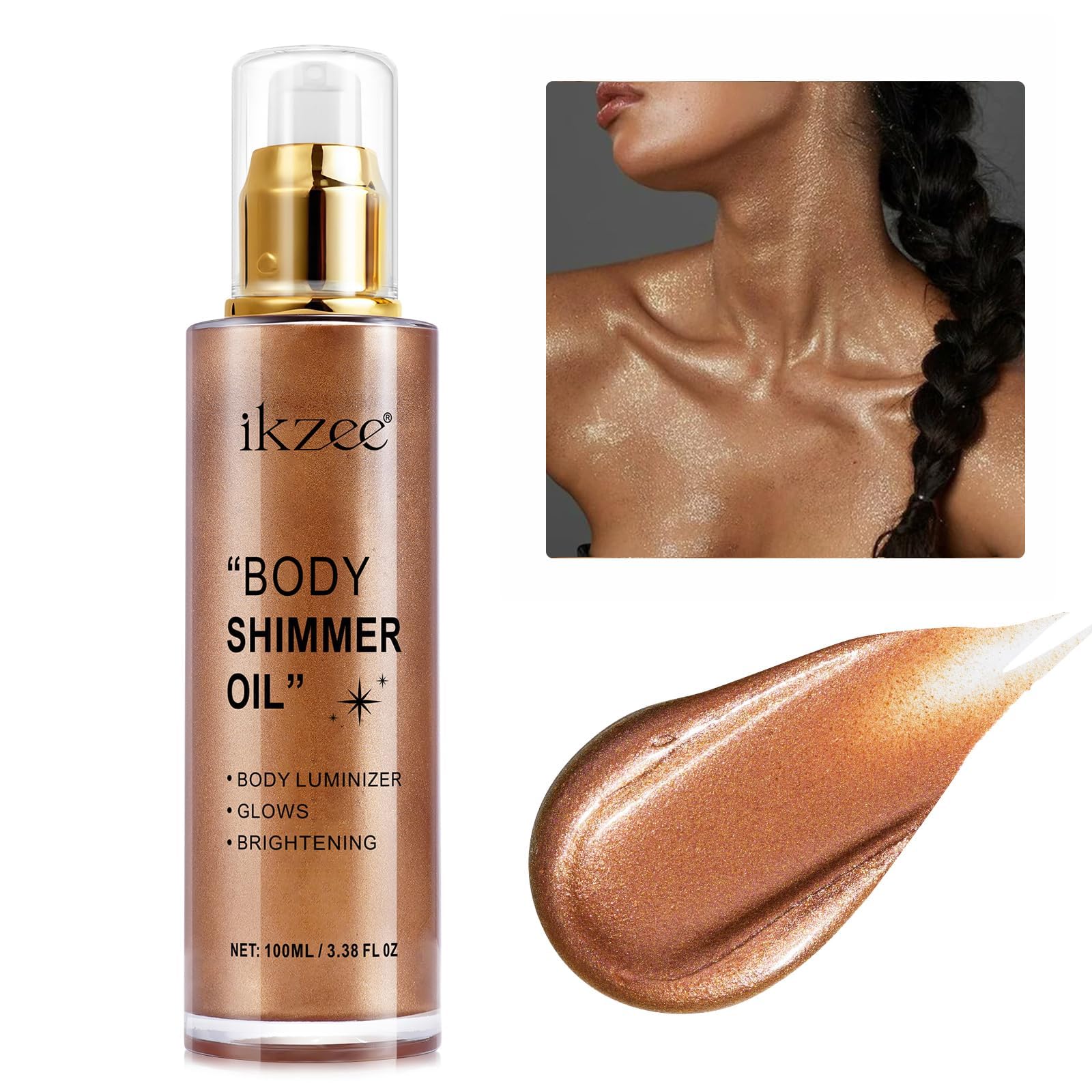 UCANBEMAKEUP Shimmer Oil 100ml, Moisturizing Long Lasting Body Luminizer Face Brighten, Waterproof Liquid Illuminator Glow, Glitter Oil Highlighter Summer Glowing Makeup (#03 Bronze Gold)