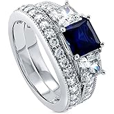 BERRICLE Sterling Silver 3-Stone Wedding Engagement Promise Rings for Her, Stackable Band Ring Set for Women, Cubic Zirconia CZ - Sapphire-Blue, Cushion, Princess, Round Cut