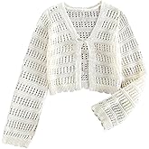 GORGLITTER Girl's Crochet Cropped Cardigan Knit Tie Front Tops Cute Long Sleeve Bolero Shrug Lightweight Sweaters Trendy