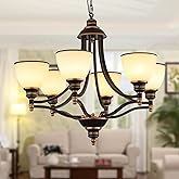 Ganeed Vintage Farmhouse Chandelier with Oil Rubbed Bronze Finish & 6-Frosted Glass Shades, Adjustable Height Rustic Dining R