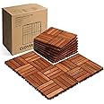 CLOVERHOLM 10 PCs Interlocking Deck Tiles, 12x12 inches Waterproof Wood Patio Floor Tiles for Indoor and Outdoor, Easy Snap Flooring, Balcony, Garden, Square Joints, Teak