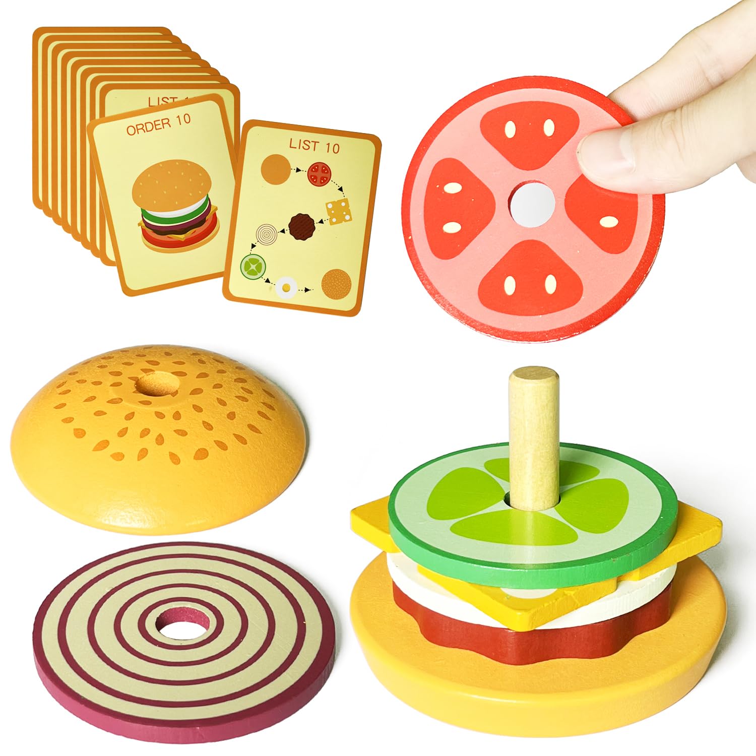 Wooden Burger stacking toy - Hamburger kitchen food play set for toddlers, preschoolers & kids (3-5 years) - Fine motor skills Montessori educational toy gift for boys & girls (Hamburger)
