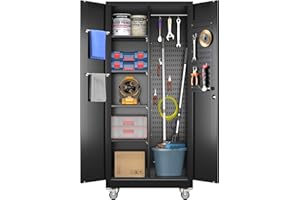 GLADIW Garage Storage Cabinet with Wheels, Broom Closet Storage Cabinet with Pegboards and Adjustable Shelves, Metal Tool Cabinet with Lockable Door for Garage Home, Black