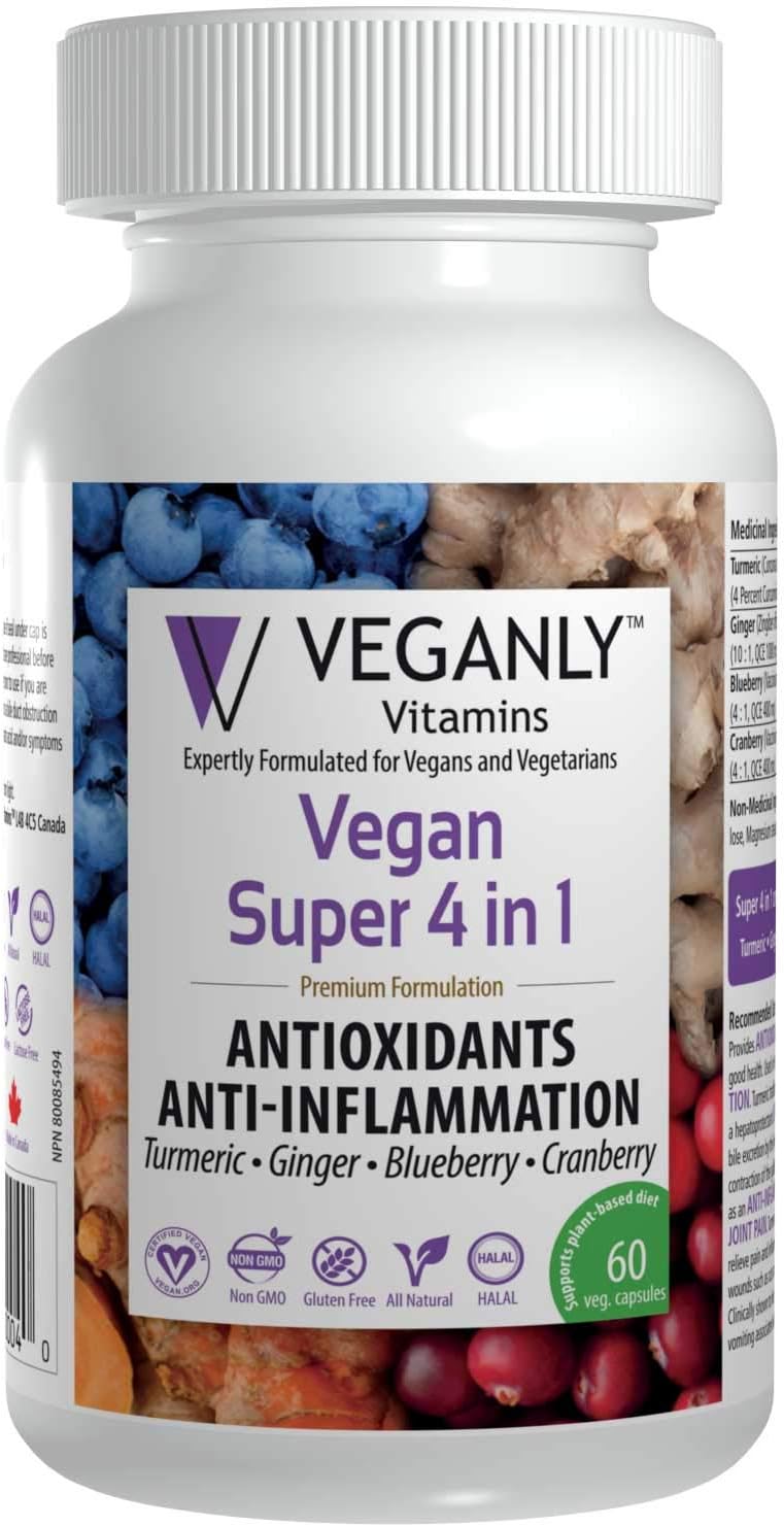 VEGANLY Vitamins Vegan Super 4 in 1 Antioxidants & Anti-Inflammation. All Natural All-in-One from Turmeric, Ginger, Blueberry, Cranberry (60 caps) Helps Relief Joint Pain and Improve Digestion