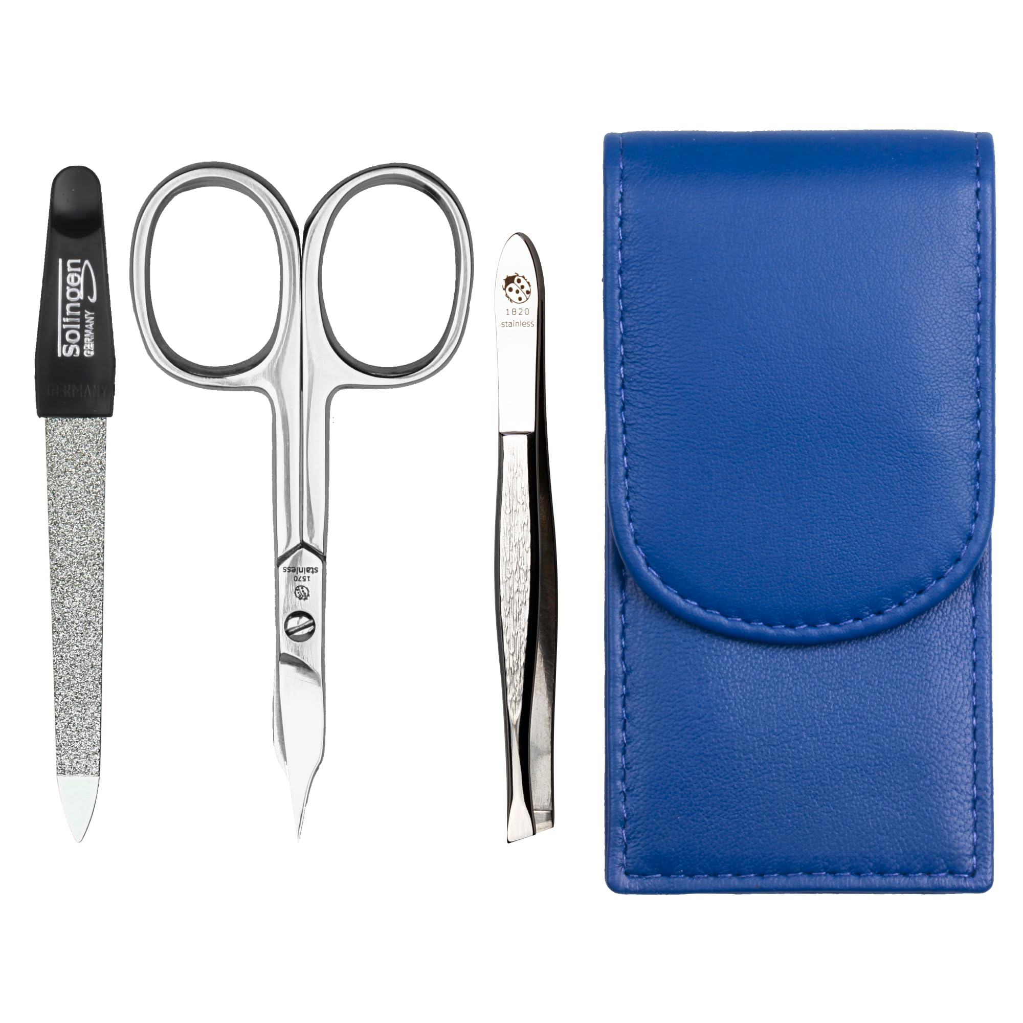 Sonnenschein by Hans Kniebes - Manicure Set 3 Pieces - Nail Scissors, Nail File and Tweezers - Pocket Manicure Nail Care Set - Nappa Lambskin Manicure Case (Cobalt Blue)