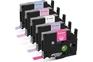 COLORWING 5-Pack Compatible Brother P Touch Label Tape TZe 12mm 0.47 Laminated TZ Tape Colored Label Maker Refills, for Brother Ptouch PT-D210 D220 H110 D400 1000 1280 Printer, White/Berry Pink/Purple/Pink/Blue