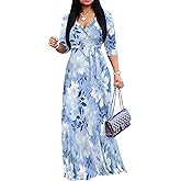 PinkPatty Plus Size Maxi Dress for Women Casual V Neck 3/4 Sleeve Boho Printed Long Dress with Pockets