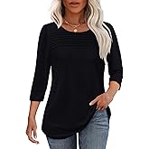 OFEEFAN Womens Tops 3/4 Length Sleeve Blouses Dressy Casual Spring Summer Fall Outfits Pleated Front T Shirts Curved Hem