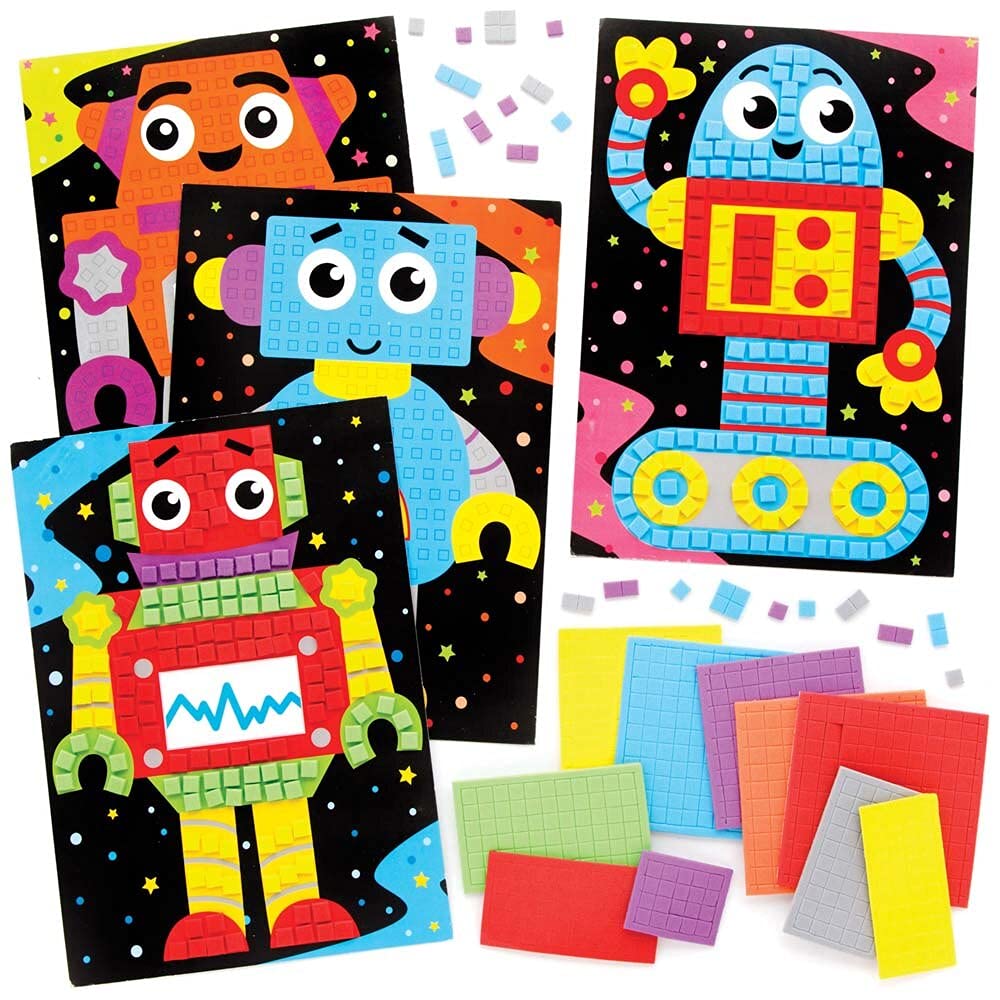 Baker Ross FE401 Robot Mosaic Picture Kits - Pack of 4, Mosaic Tiles Arts and Crafts, Mosaic Kits for Children, Creative Activities for Kids