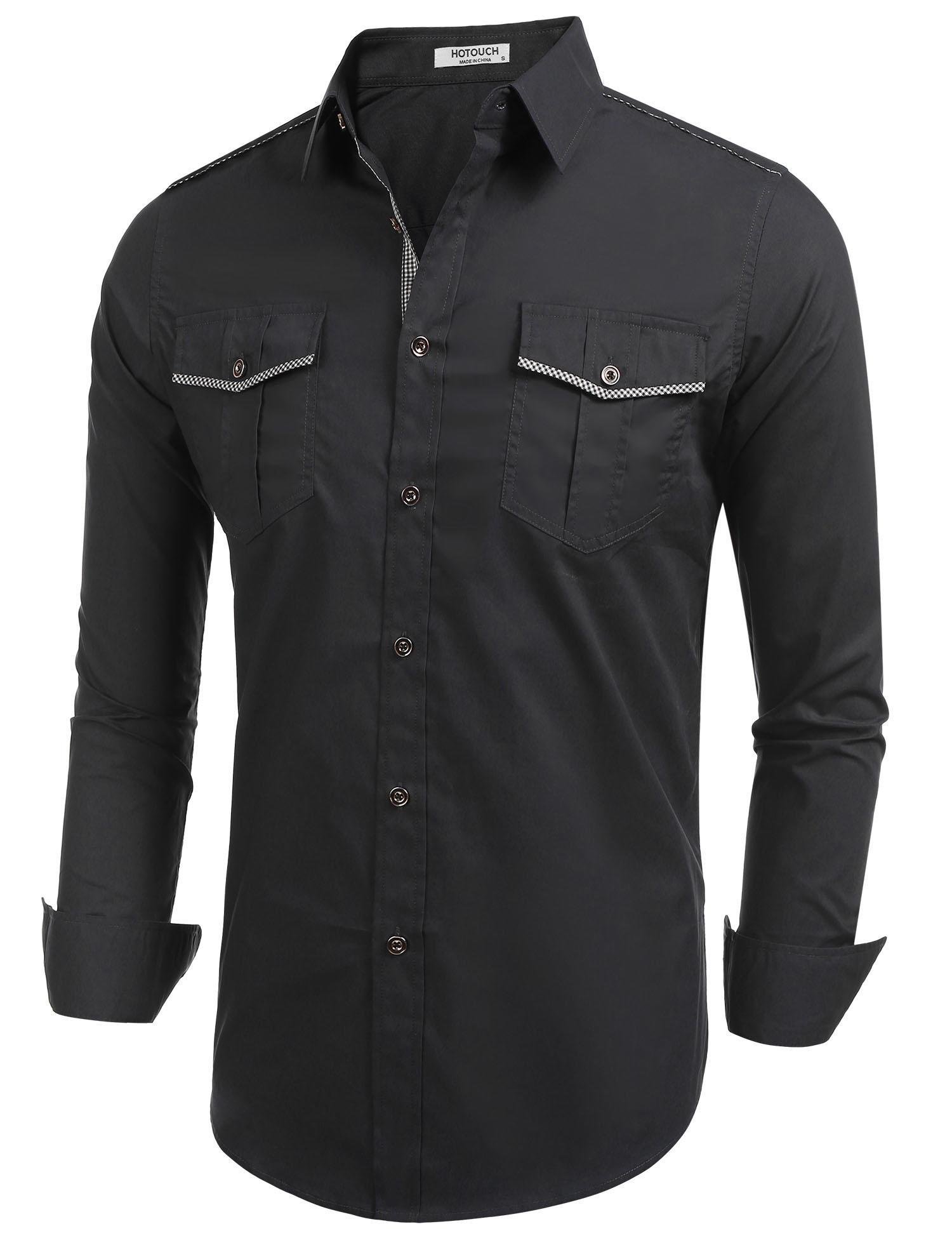 HOTOUCH Men\'s Fitted Button Up Long Sleeve Dress Shirt For Men,Dark Gray,Large