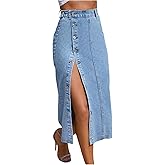 WDIRARA Women's Asymmetrical Denim Midi Skirt Button Down High Waisted Jean Skirt