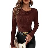 PRETTYGARDEN Women's Long Sleeve Cowl Neck Ribbed Knit Spring Shirts Slim Fit Ruched Going Out Crop Tops Basic T-Shirts