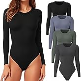 CE' CERDR 4/5 Pack Long Sleeve Bodysuit for Women Round Neck Casual Stretchy Basic Shirts Crew Neck Body Suits Tops