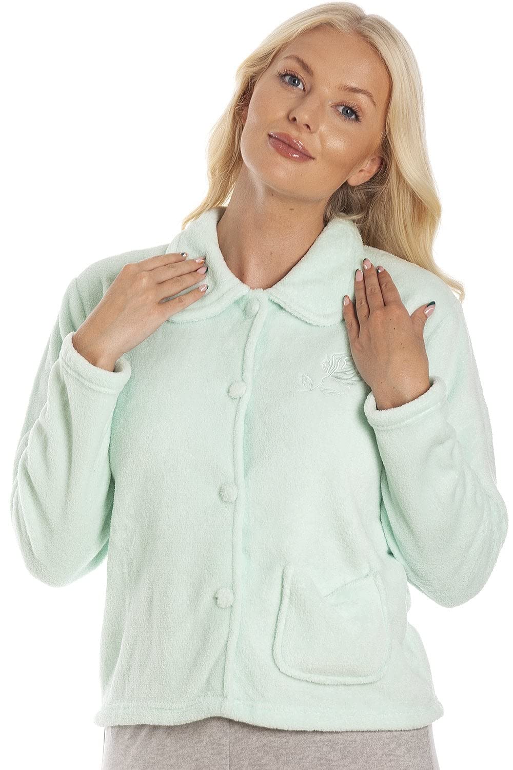 Camille Womens Supersoft Fleece Bed Jacket | Luxury Collared Warm Sleep Coat | Button Up & Long Sleeved | Warm & Cosy All Night Long | Autumn or Winter Wear Over Pyjama Top | Mint 22-24 — image 1