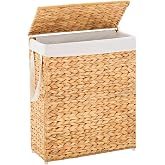 Slim Laundry Hamper with Lid, Handwoven Natural Water Hyacinth Basket | Built-in Handles, Removable Liner Bag, 2 Mesh Bags, Thin Wicker Laundry Basket for Narrow Space, Closet, Laundry, Dorm