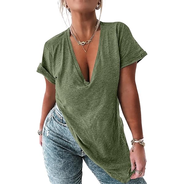 Tankaneo Womens Deep V Neck Short Sleeve T Shirts Side Slit