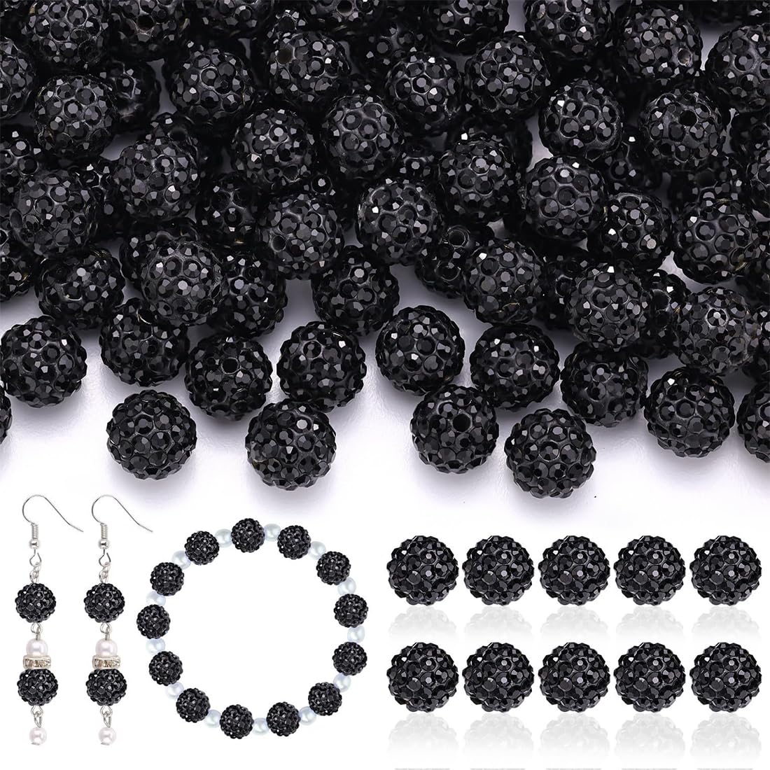 Photo 1 of 105 PCS 10mm Black Rhinestone Beads, Shiny Round Ball Jewelry Making Necklace Bracelet Craft