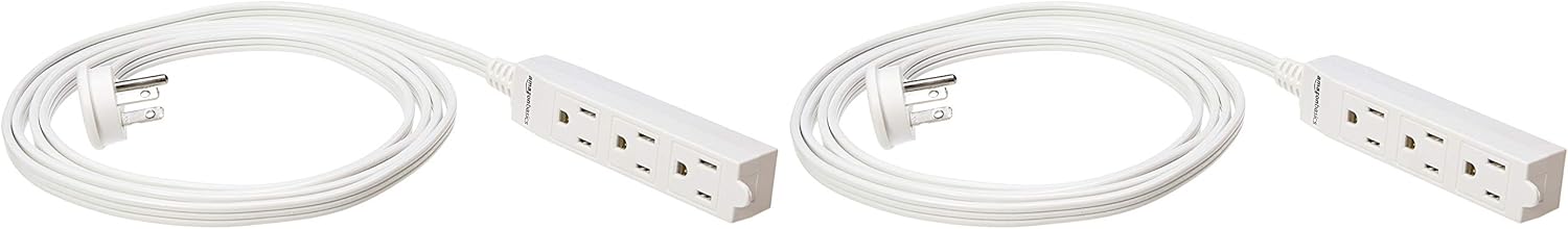 Basics Indoor 3 Prong Extension Power Cord Strip - Flat Plug, Grounded, 8 Foot, Pack of 2, White - - 
