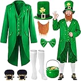 Shihanee 9 Pcs St. Patrick's Day Leprechaun Costume Outfit Men Suit Hat Beard Bow Tie Brooch Socks Shoes Buckle Pot 100 Coins