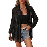 Verdusa Women's Sheer Mesh Button Down Shirt Tunic Top Loose Ruffle Hem Blouse Top Cover Up