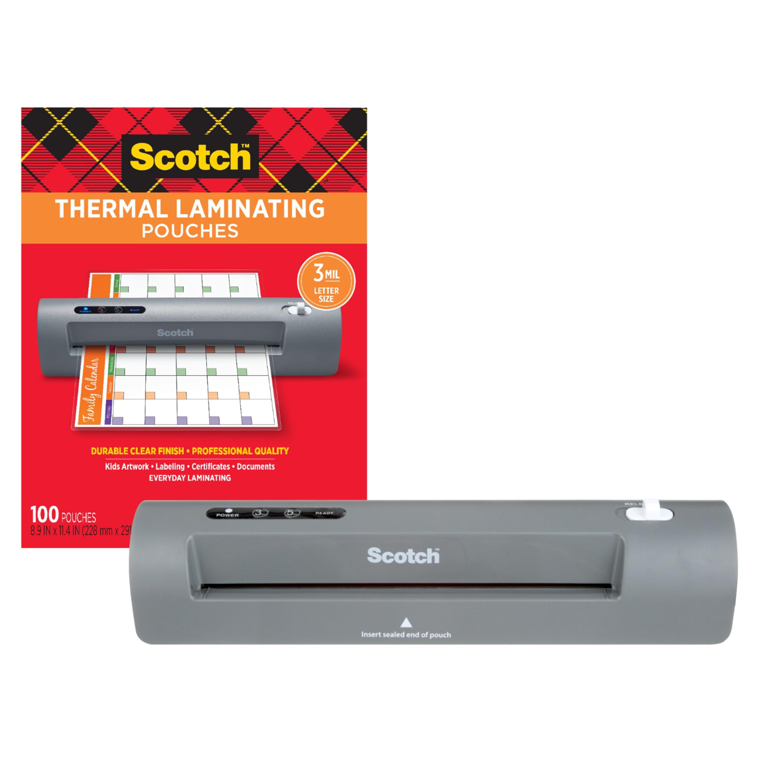 Scotch Thermal Laminator and Pouch Bundle, 2 Roller System, Laminate up to 9" Wide (TL901X) with Scotch Laminating Pouches, 100-Pack (TP3854-100)
