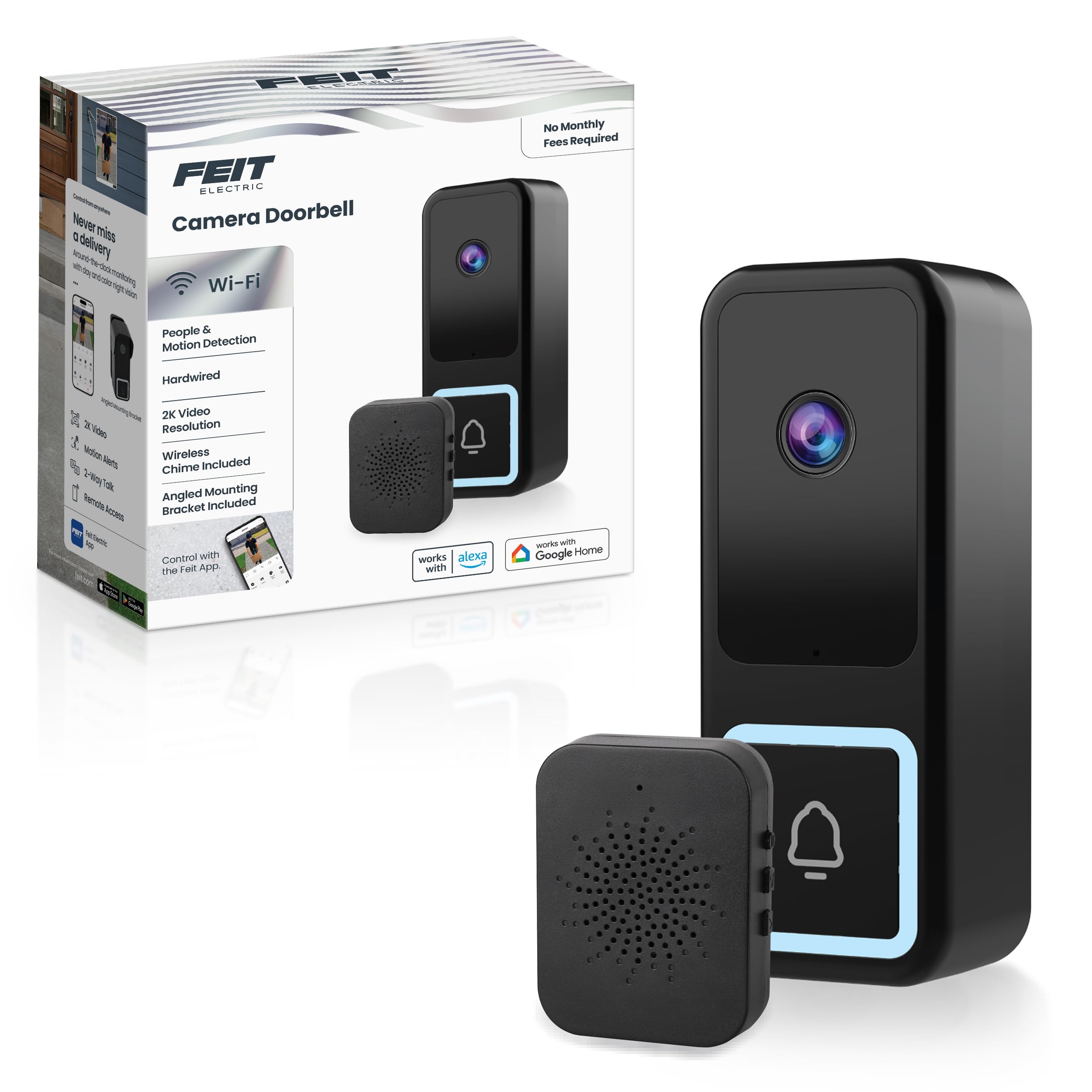 Photo 1 of Feit Electric Smart Doorbell Camera, Wired 2K HD Video, Night Vision, Motion Detection, Two-Way Audio, Alexa/Google Assistant Compatible, App Control, Wireless Chime Included, CAM/Door/WiFi/G2